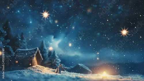 Winter night scene with snow falling on a cabin and a person with a dog, under a starry sky
