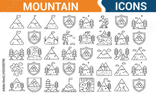 Collection of mountain vector icons representing peaks, climbers, and scenic landscapes for adventure designs.