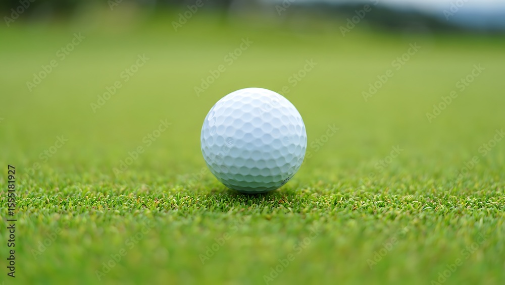 Obraz premium Golf ball resting on green grass of a golf course close up perspective