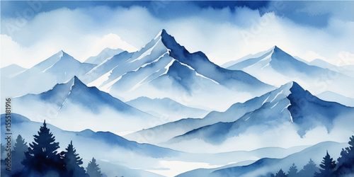 Winter panorama of snow-covered mountains with clouds and mist