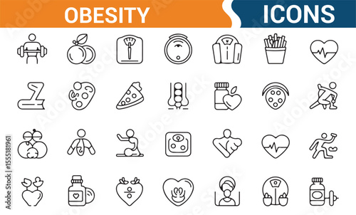Obesity-related vector icons, including food, exercise, and health symbols for use in fitness designs and awareness.