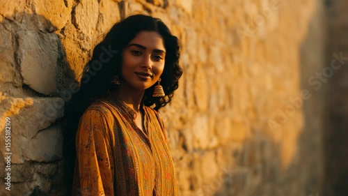 Serene Indian Woman Smiling Softly Against Ancient Stone Wall generative ai