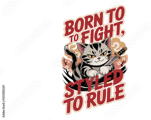 Vintage anime-style yakuza cat in streetwear with katana and bold typography. Cool vector t-shirt design, perfect for anime lovers and street fashion fans.
