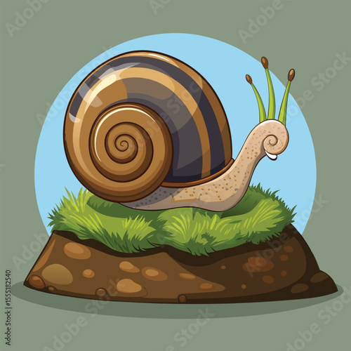 A cute cartoon snail with a spiral shell slowly moves across a green leaf, symbolizing nature's small wonders