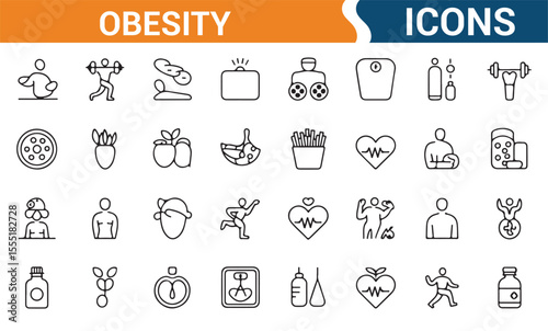 Set of obesity and fitness icons featuring unhealthy foods, exercise, and wellness symbols for health-related designs.

