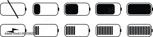 Battery charging icon set. Silhouette design element related to mobile vector collection isolated on transparent background, animated charging low to full charge. lighting power symbol for web and app