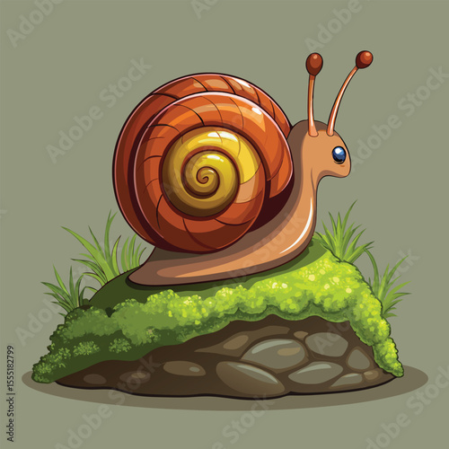 A cute cartoon snail with a spiral shell slowly moves across a green leaf, symbolizing nature's small wonders