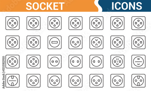 Vector icons representing home and office sockets, power plugs, and electrical outlets for digital design.