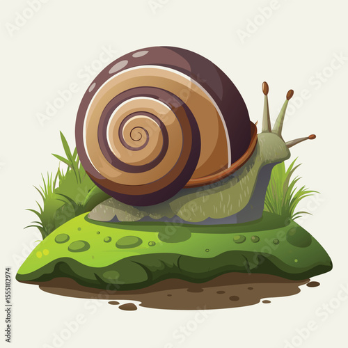 A cute cartoon snail with a spiral shell slowly moves across a green leaf, symbolizing nature's small wonders