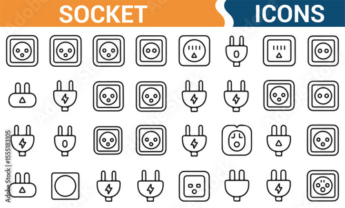 Set of electrical connection icons, including plugs, outlets, and power sources for use in technology applications.