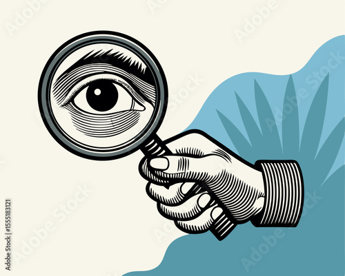 Hand Holding Magnifying Glass Examining Eye, Vintage Illustration