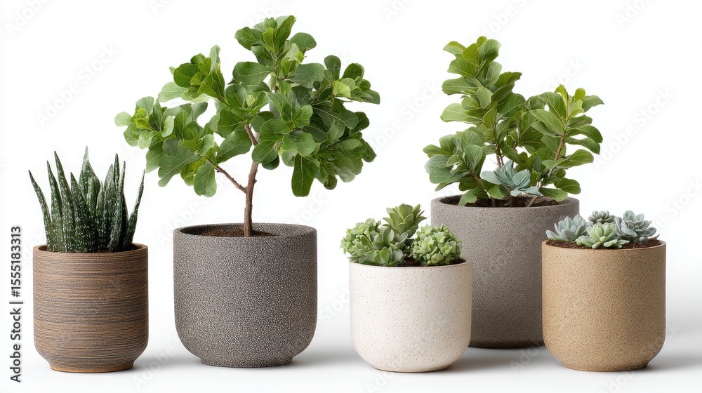 Fototapeta premium Stylishly arranged potted plants showcase various textures and shapes against a soft white background, enhancing indoor decor