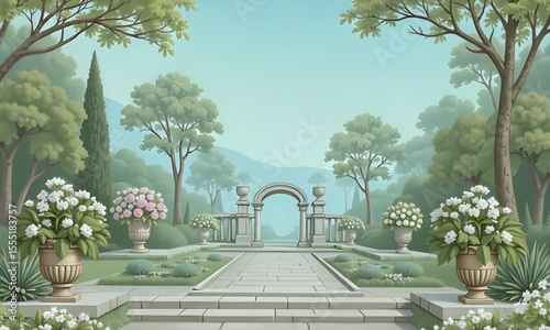 Vintage Roman ruins with garden, peacock, bird, and botanical trees — classical nature and architecture vector illustration for elegant decor and wallpaper