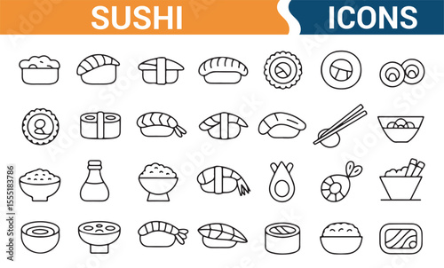 Icons representing sushi, rice bowls, and Asian cuisine, ideal for restaurant branding and food design.
