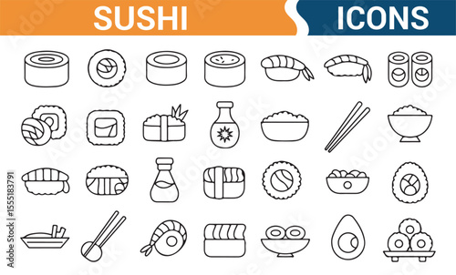 Icons representing sushi, rice bowls, and Asian cuisine, ideal for restaurant branding and food design.