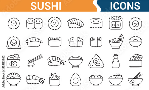 Sushi food vector icons featuring sushi rolls, rice, soy sauce, and chopsticks for food-themed designs.