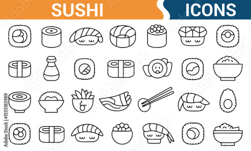 Collection of sushi icons representing Japanese cuisine for restaurant menus, cooking apps, and food blogs.