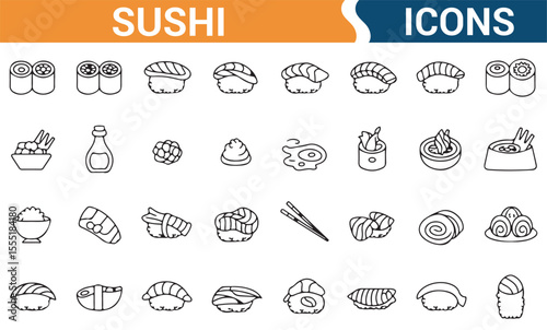 Set of icons for sushi lovers, featuring rolls, fish, rice, and sauces for use in food-related projects.