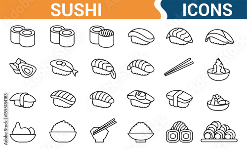 Collection of icons showcasing sushi, sashimi, and dining utensils for culinary and restaurant design projects.
