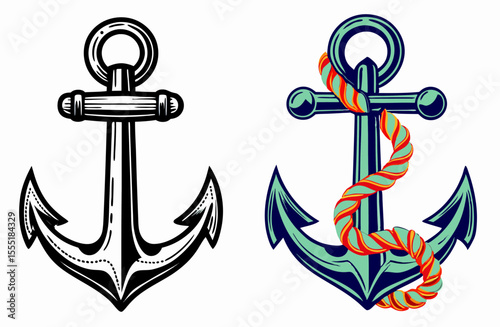 Anchor illustrations: Vintage nautical anchor designs, line art and color