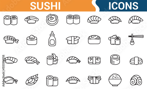 Sushi-related vector icons featuring various types of sushi, rice bowls, and chopsticks for food and dining designs.