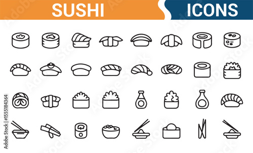 Vector icons of sushi rolls, dishes, and utensils, ideal for Japanese restaurant menus and food styling.