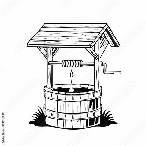 Wooden Water Well Black White Vector Image Isolated on white Background.
