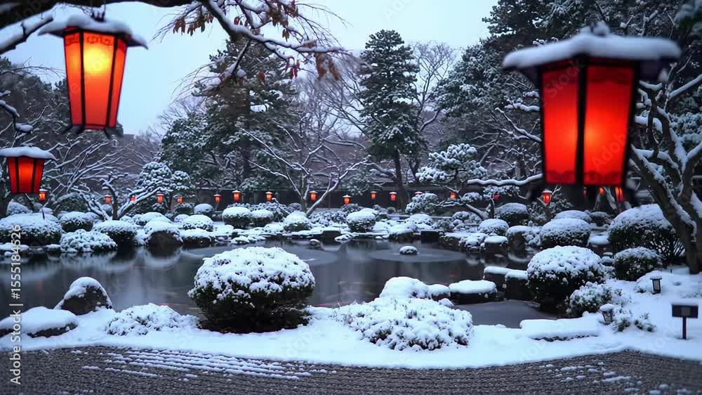 Snowcovered japanese garden with lanterns reflecting in tranquil pond at dusk