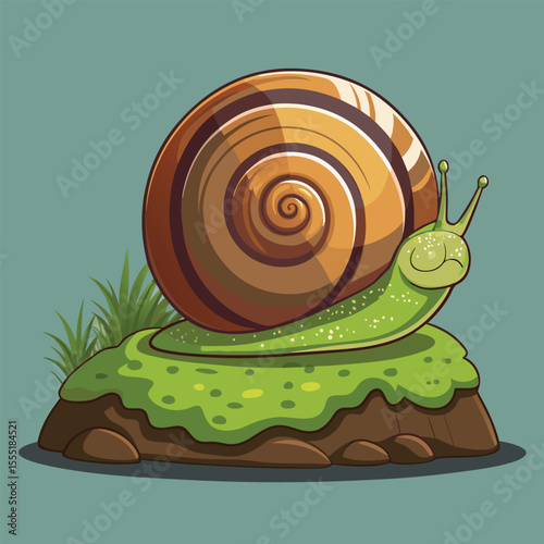 A cute cartoon snail with a spiral shell slowly moves across a green leaf, symbolizing nature's small wonders