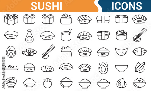 Collection of sushi icons representing rolls, rice, fish, and sauces for use in food and restaurant-related projects.

