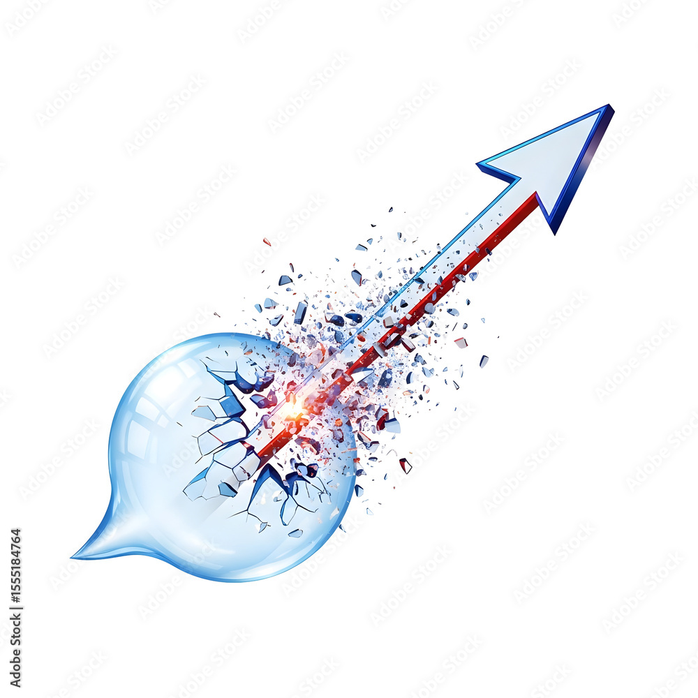 Naklejka premium A graphic of an arrow emerging from a shattered blue sphere with a transparent background symbolizing concept of innovation and explosion of ideas.
