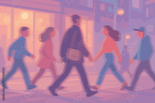 Dynamic blurred motion of diverse people walking on a vibrant city street at night, illuminated by soft pastel hues. Modern vector cartoon illustration.
