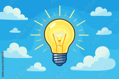 Bright glowing light bulb shining in clear blue sky with fluffy white clouds, creative idea concept, innovation symbol, energy and inspiration vector illustration