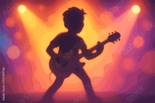Rock concert concept with a guitarist silhouette on a vibrant, colorful stage. Musician playing electric guitar under spotlights. Blurred bokeh background. Vector for live music event.