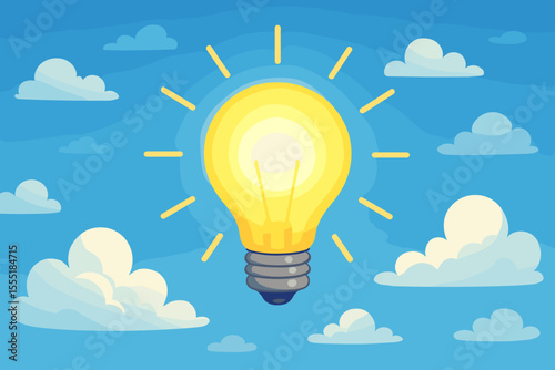 Bright light bulb shining in the sky. Concept of creative idea, innovation, inspiration, brainstorming and new thinking. Metaphor for success, imagination and business solution.