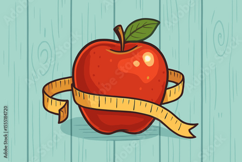 Bright red apple wrapped with measuring tape on pastel blue wooden background, promoting healthy eating, diet, nutrition, weight loss, wellness, vintage kitchen style, vector cartoon illustration