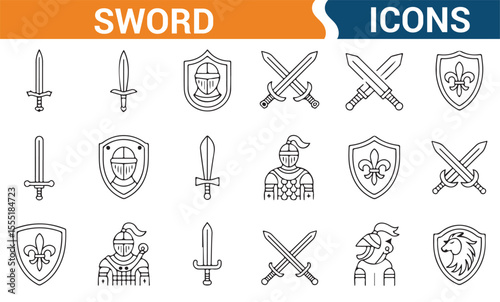 Icons of various swords and shields, featuring warriors and combat gear for historical and fantasy designs.