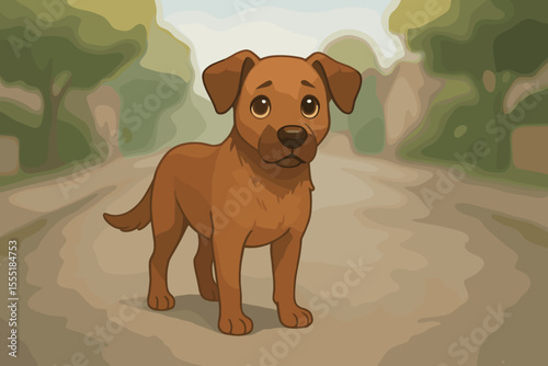 Cute brown stray dog cartoon illustration with big eyes standing on a quiet street in a suburban neighborhood. Adorable puppy pet vector graphic.