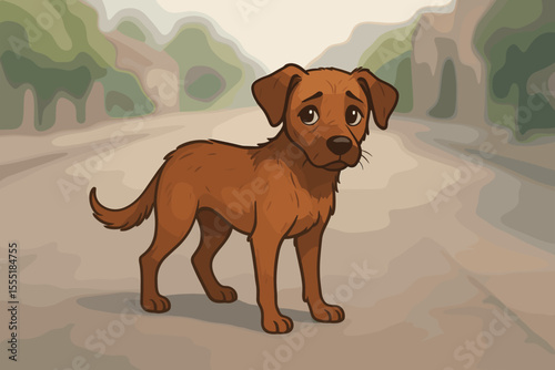 Sad brown stray dog standing alone on a quiet street, lost and vulnerable. Cartoon illustration, soft focus background, pet abandonment concept.