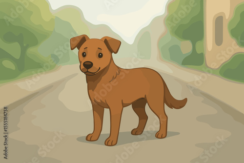 Cute brown stray dog standing on quiet suburban street, vector cartoon illustration of friendly pet animal, urban scene with soft focus background, adorable canine character design