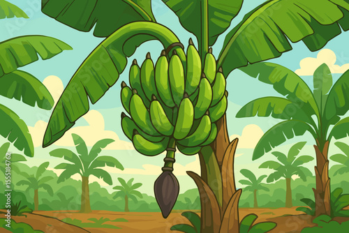 Bunch of unripe green bananas growing on a tree in a tropical plantation. Vector cartoon illustration of an exotic fruit farm with a banana blossom and palm trees. Agriculture concept.