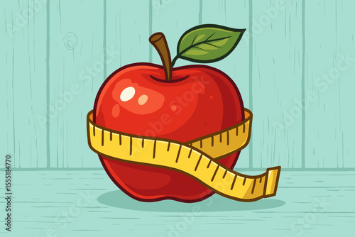 Healthy eating concept vector. Red apple with measuring tape for diet, weight loss, slimming, and fitness. Nutrition and healthy lifestyle symbol. Cartoon illustration on wooden table.