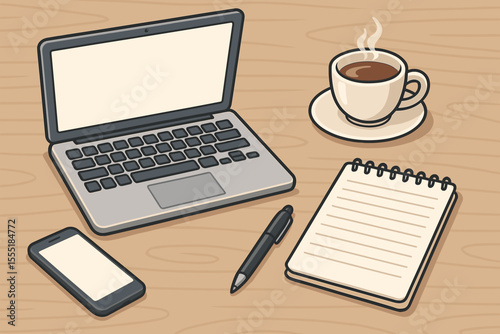 Modern office desk workspace concept with laptop computer, smartphone, hot coffee, and notepad. Freelance or remote work scene. Cartoon vector illustration with blank screen mockup.