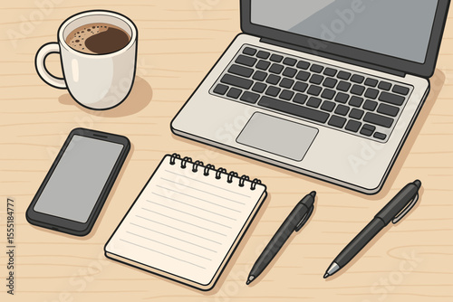Office desk top view with laptop, smartphone, coffee cup, and notepad. Business workspace concept for remote work, freelancing, studying, or home office. Cartoon vector illustration.