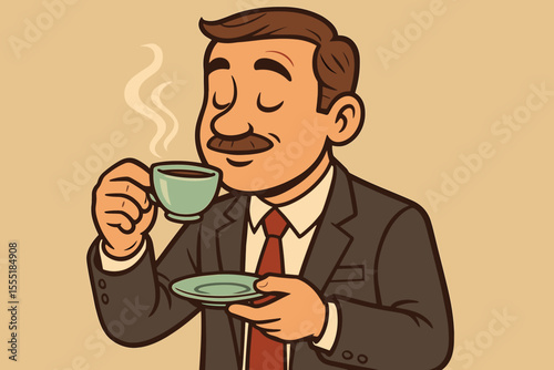 Content businessman enjoying a steaming hot coffee break. Retro cartoon vector illustration of a man in suit smelling morning beverage with cup and saucer.