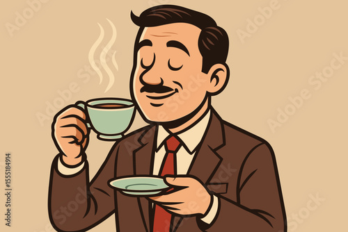 Retro businessman savoring coffee break. Vintage 1950s style cartoon illustration of a happy man with a mustache enjoying a hot drink. Character feeling satisfaction and pleasure.