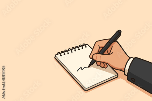 Businessman hand writing notes in a spiral notebook with a pen. Concept of business meeting, planning, journaling, or taking minutes. Vector illustration with copy space for text.
