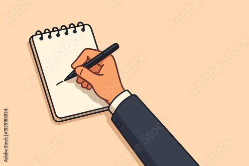 Hand of a businessman in a suit writing on a spiral notepad. Concept for planning, meeting notes, brainstorming, to-do list, or signing a contract. Cartoon vector illustration with copy space.