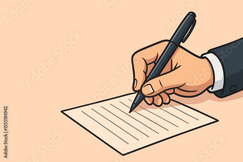 Professional Hand Writing on Paper with Pen. Business Document, Contract, Agreement, Legal Form. Cartoon Vector Illustration on Pastel Background with Copy Space.