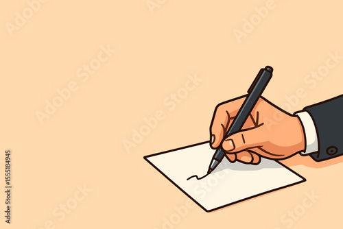 Businessman’s Hand Writing Notes with Pen on Blank Paper, Vector Cartoon Illustration on Pastel Background with Ample Copy Space for Text, Office and Work Concept